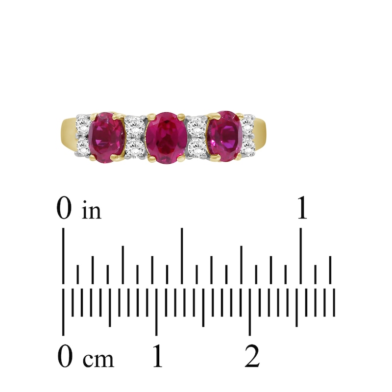 Main Image 4 of Oval-Cut Natural Ruby & Diamond Three-Stone Ring 1/4 ct tw 10K Yellow Gold