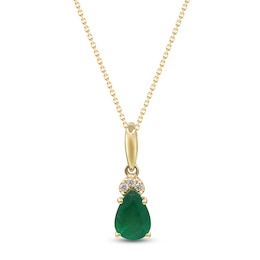Pear-Shaped Natural Emerald & Diamond Accent Necklace 10K Yellow Gold 18"