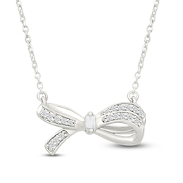 Baguette & Round-Cut Diamond Bow Necklace 1/10 ct tw 10K White Gold 18"