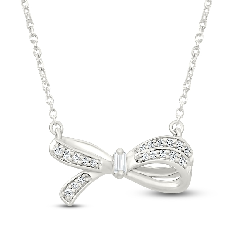 Main Image 1 of Baguette & Round-Cut Diamond Bow Necklace 1/10 ct tw 10K White Gold 18"