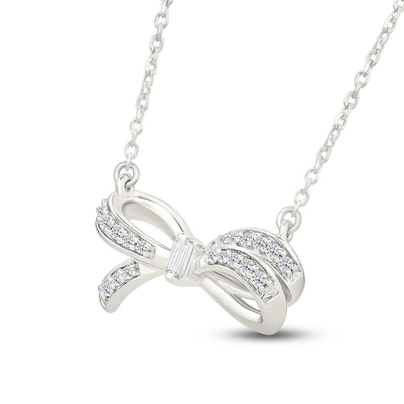 Main Image 2 of Baguette & Round-Cut Diamond Bow Necklace 1/10 ct tw 10K White Gold 18"