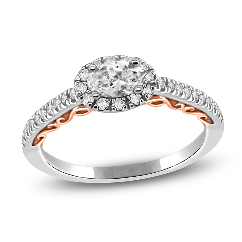 Main Image 1 of Oval-Cut Diamond East-West Halo Promise Ring 1/3 ct tw 10K Two-Tone Gold