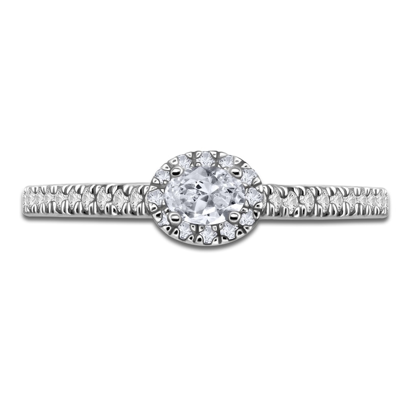 Main Image 3 of Oval-Cut Diamond East-West Halo Promise Ring 1/3 ct tw 10K Two-Tone Gold