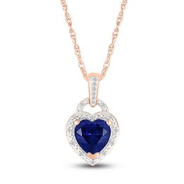 Heart-Shaped Blue Lab-Created Sapphire & Diamond Lock Necklace 1/20 ct tw 10K Rose Gold 18"