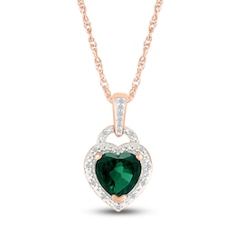 Heart-Shaped Lab-Created Emerald & Diamond Lock Necklace 1/20 ct tw 10K Rose Gold 18"