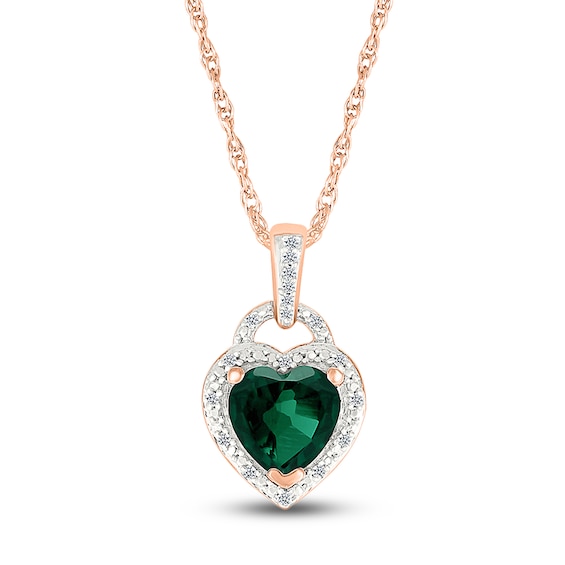 Heart-Shaped Lab-Created Emerald & Diamond Lock Necklace 1/20 ct tw 10K Rose Gold 18"