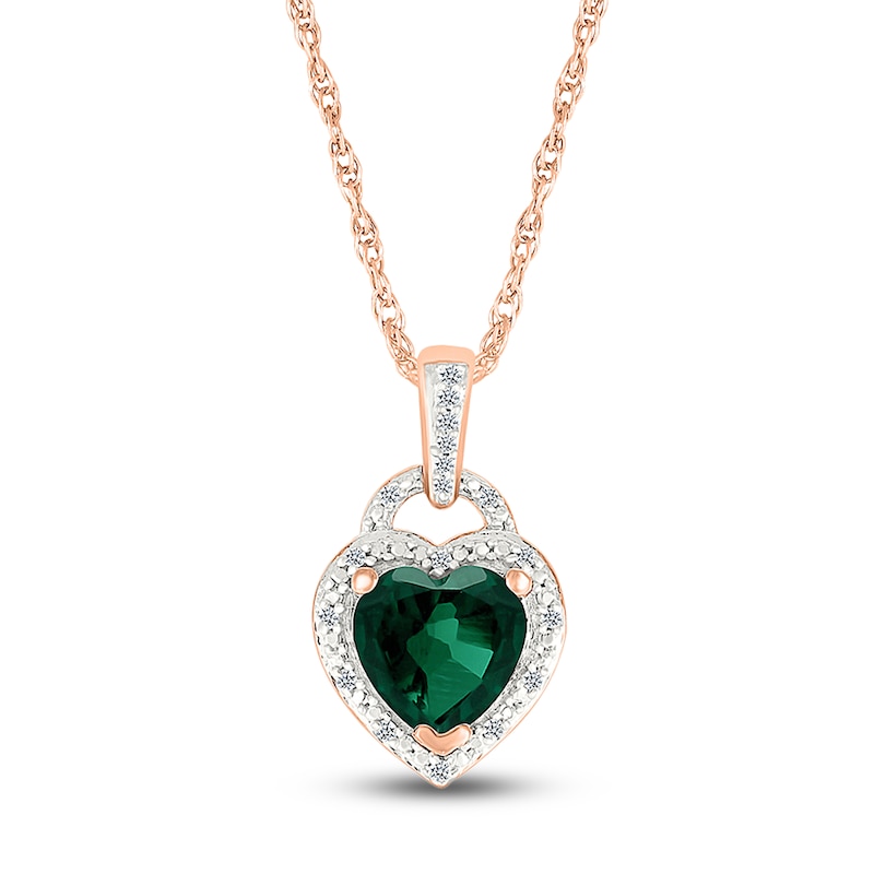 Main Image 1 of Heart-Shaped Lab-Created Emerald & Diamond Lock Necklace 1/20 ct tw 10K Rose Gold 18"