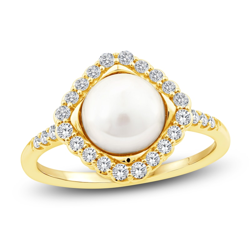 Main Image 1 of Button Cultured Pearl & Lab-Grown Diamond Halo Ring 1/3 ct tw 14K Yellow Gold