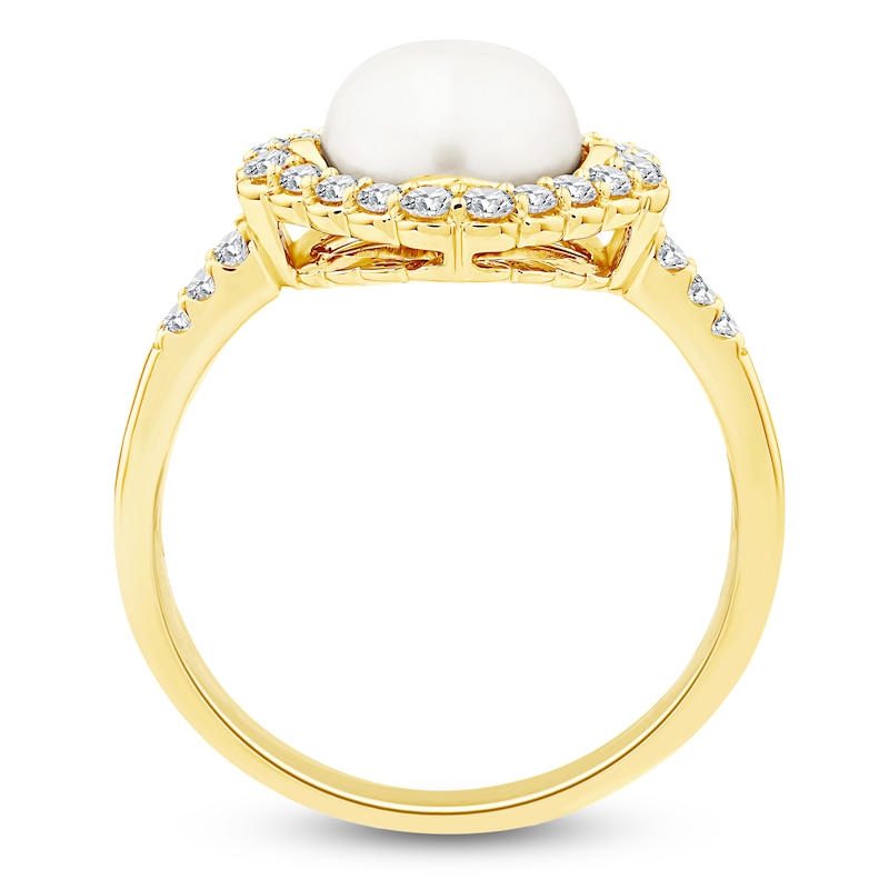 Main Image 2 of Button Cultured Pearl & Lab-Grown Diamond Halo Ring 1/3 ct tw 14K Yellow Gold