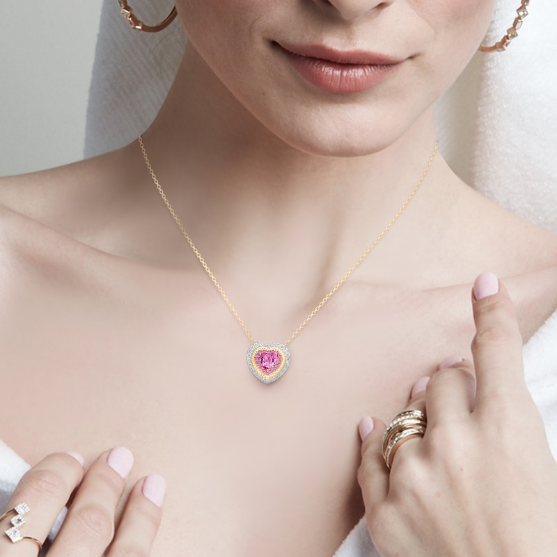 Main Image 7 of Kallati Heart-Shaped Natural Pink Sapphire & Diamond Necklace 1/5 ct tw 14K Yellow Gold 18"