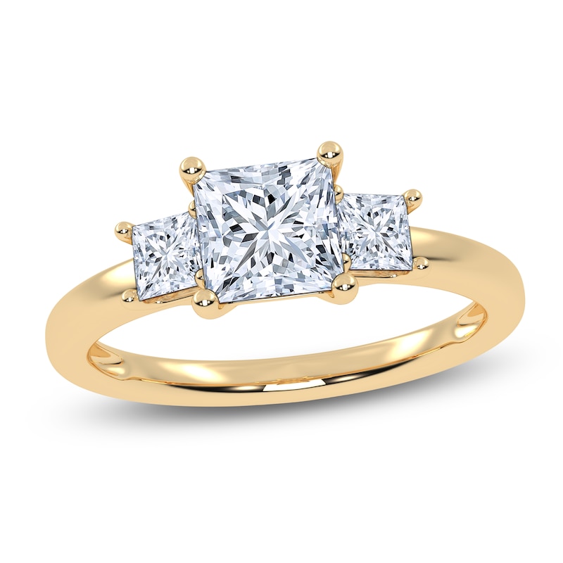 Main Image 1 of Certified Princess-Cut Lab-Grown Diamond Three-Stone Engagement Ring 1-1/2 ct tw 14K Yellow Gold