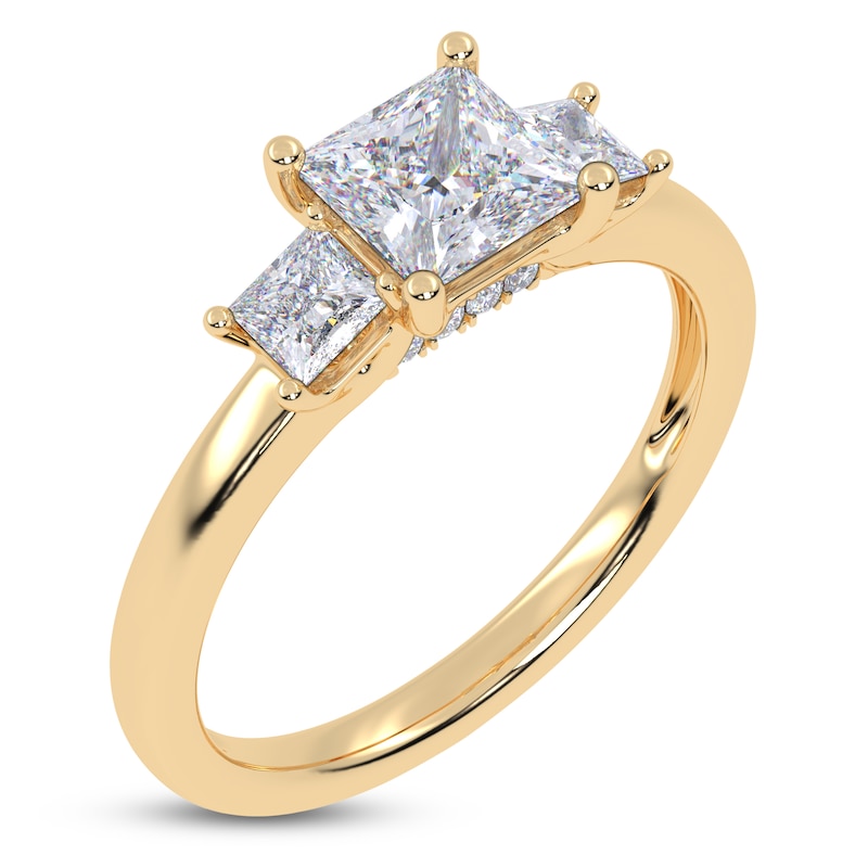 Main Image 2 of Certified Princess-Cut Lab-Grown Diamond Three-Stone Engagement Ring 1-1/2 ct tw 14K Yellow Gold
