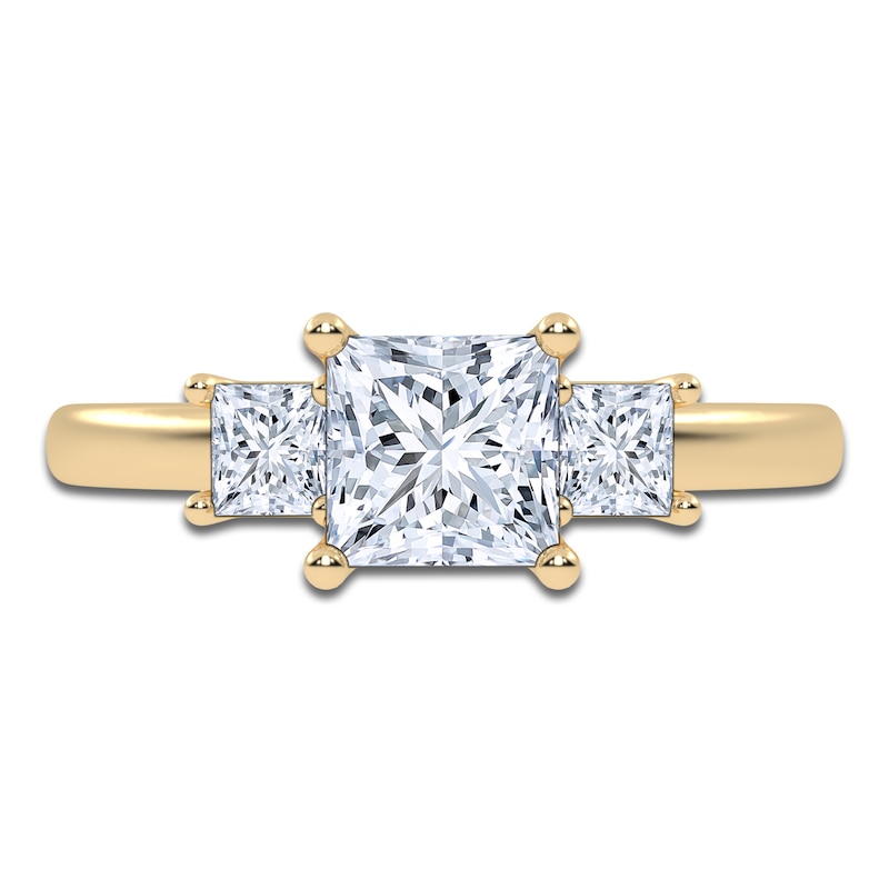 Main Image 3 of Certified Princess-Cut Lab-Grown Diamond Three-Stone Engagement Ring 1-1/2 ct tw 14K Yellow Gold