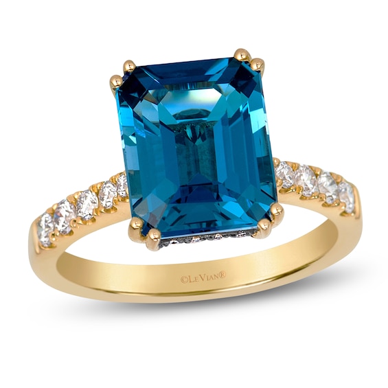 Le Vian Rectangle-Cut Natural London Blue Topaz Hidden Halo Ring 1/2 ct tw Diamonds 14K Honey Gold