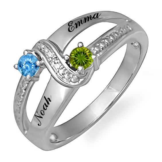Round Birthstone Couple's Split Shank Ring (2 Stones and Lines)