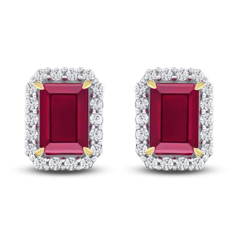 Rectangle-Cut Natural Ruby & Diamond Earrings 1/5 ct tw 14K Yellow Gold
