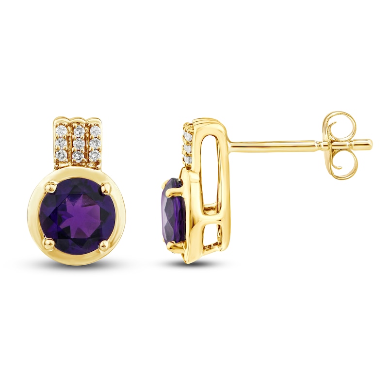 Natural Amethyst & Diamond Accent Stud Earrings  10K Yellow Gold