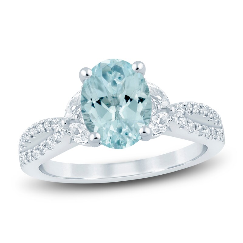 Main Image 1 of Brilliant Moments Oval-Cut Natural Aquamarine & Diamond Engagement Ring 3/8 ct tw 14K White Gold