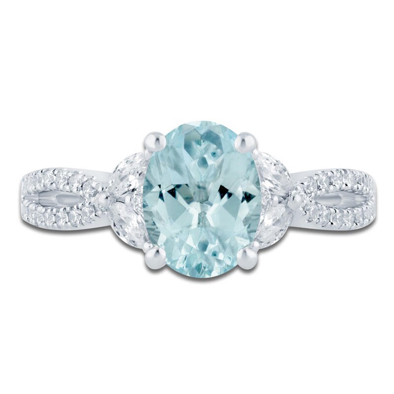 Main Image 3 of Brilliant Moments Oval-Cut Natural Aquamarine & Diamond Engagement Ring 3/8 ct tw 14K White Gold