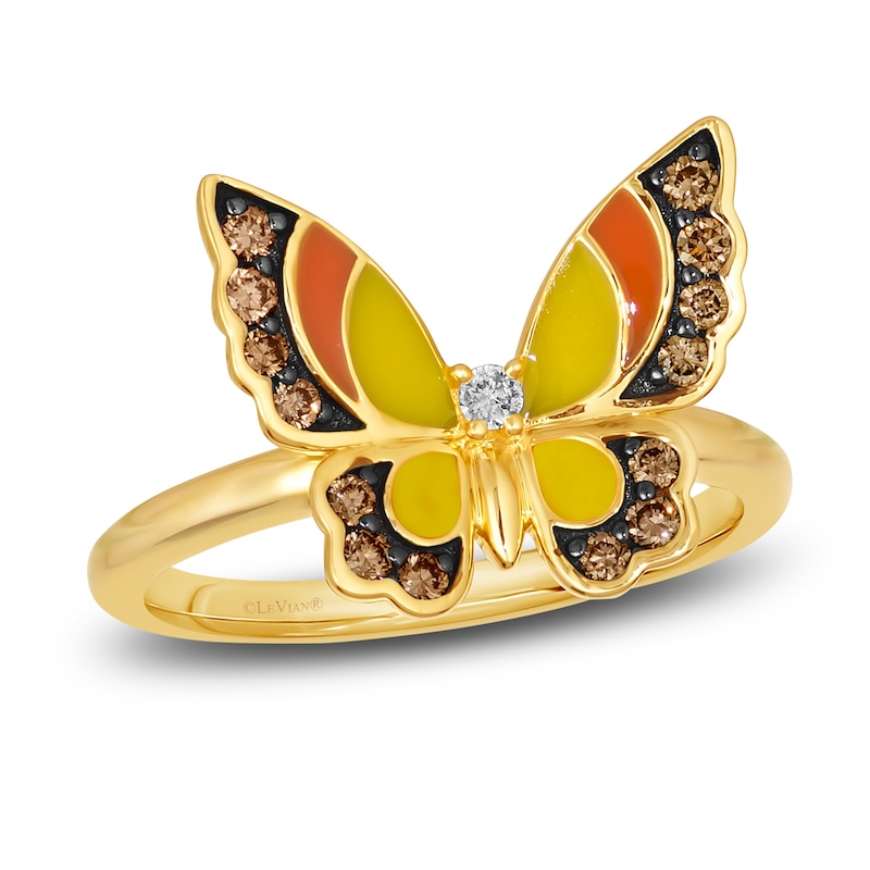 Main Image 1 of Le Vian Diamond Butterfly Ring 1/4 ct tw Round Red/Yellow Enamel 14K Honey Gold