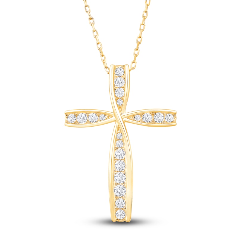 Main Image 1 of Diamond Cross Pendant Necklace 1/2 ct tw Round 10K Yellow Gold 18"