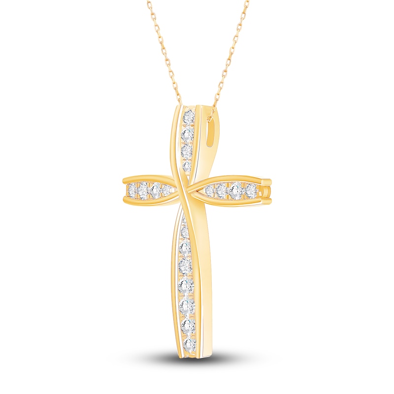 Main Image 3 of Diamond Cross Pendant Necklace 1/2 ct tw Round 10K Yellow Gold 18"