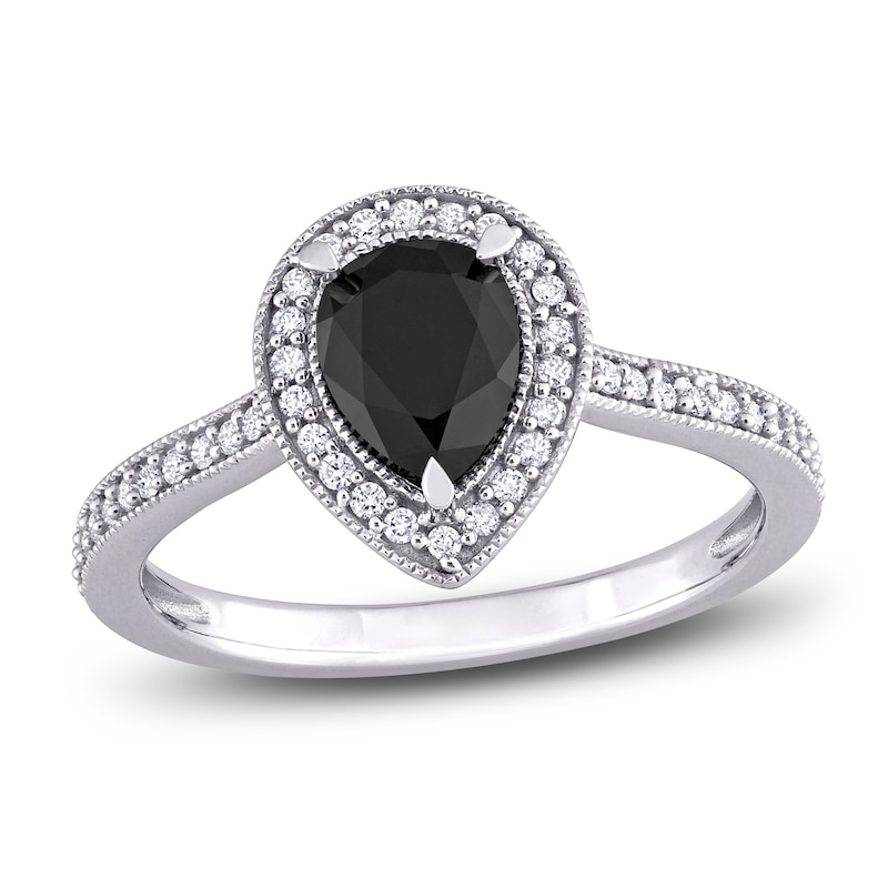 Main Image 1 of Black & White Diamond Halo Engagement Ring 1-1/4 ct tw Pear/Round 14K White Gold