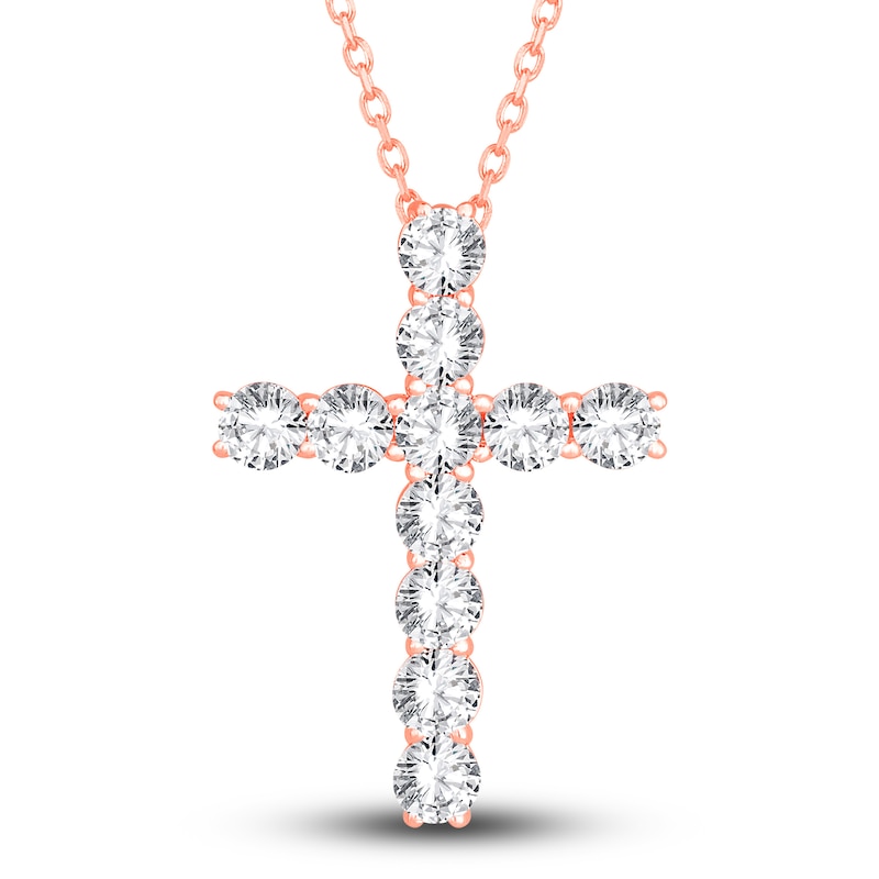 Main Image 1 of Diamond Cross Pendant Necklace 5 ct tw Round 14K Rose Gold 18"