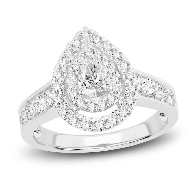 Main Image 1 of Diamond Double Halo Engagement Ring 1-1/3 ct tw Pear/Round 14K White Gold