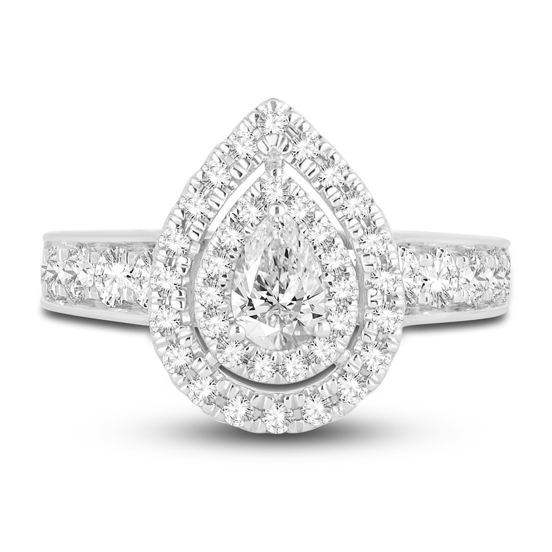 Main Image 3 of Diamond Double Halo Engagement Ring 1-1/3 ct tw Pear/Round 14K White Gold