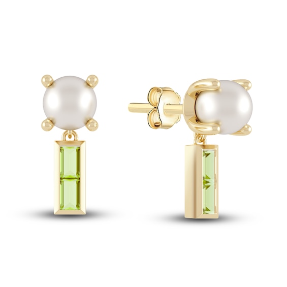 Juliette Maison Natural Peridot Baguette and Freshwater Cultured Pearl Earrings 10K Yellow Gold