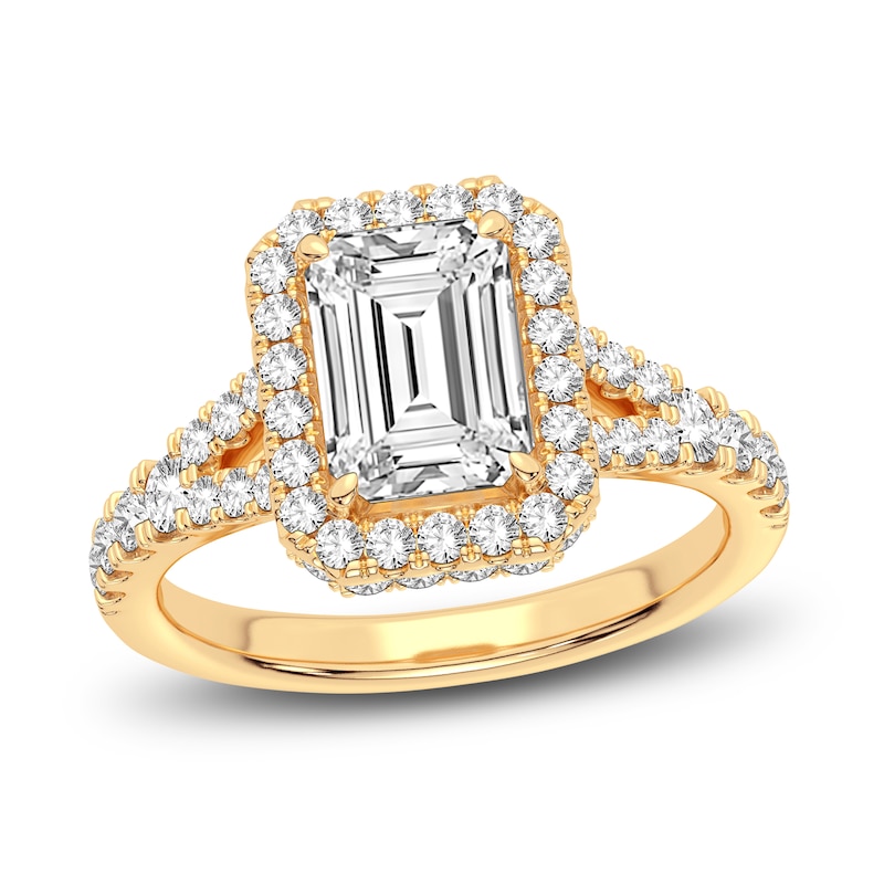 Main Image 1 of Lab-Grown Diamond Engagement Ring 2-3/4 ct tw Emerald/Round 14K Yellow Gold