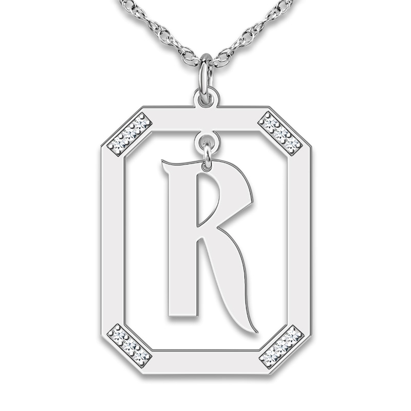 Diamond Initial Pendant Necklace 1/8 ct tw Round 14K White Gold 18"