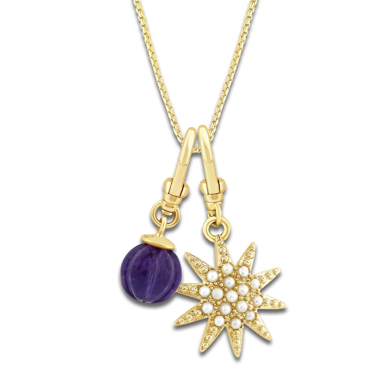 Charm'd by Lulu Frost Freshwater Cultured Pearl Star & Natural Amethyst Birthstone Charm 18" Box Chain Necklace Set 10K Yellow Gold