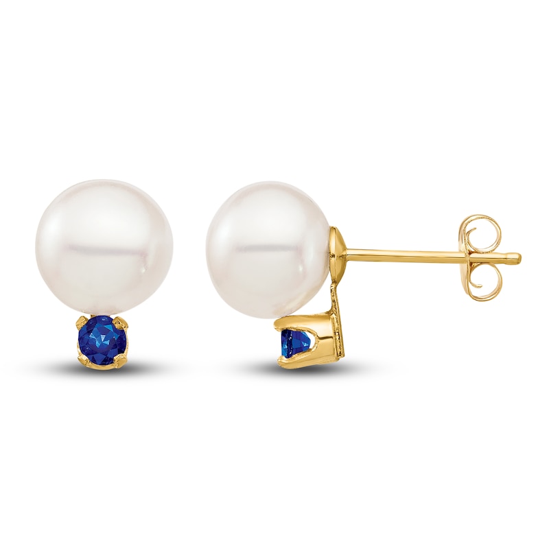 Main Image 1 of Freshwater Cultured Pearl & Natural Blue Sapphire Stud Earrings 14K Yellow Gold