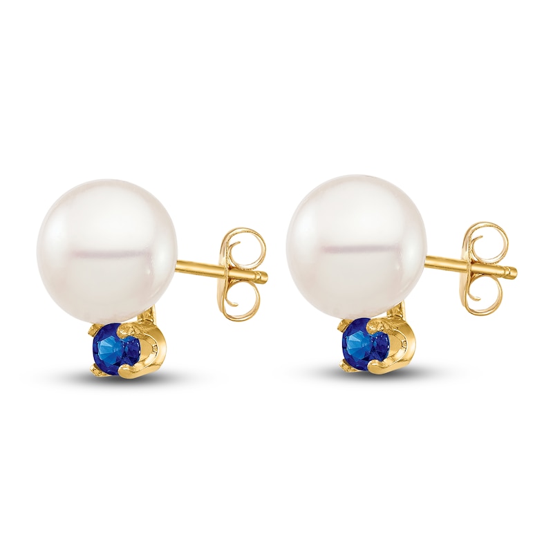Main Image 2 of Freshwater Cultured Pearl & Natural Blue Sapphire Stud Earrings 14K Yellow Gold