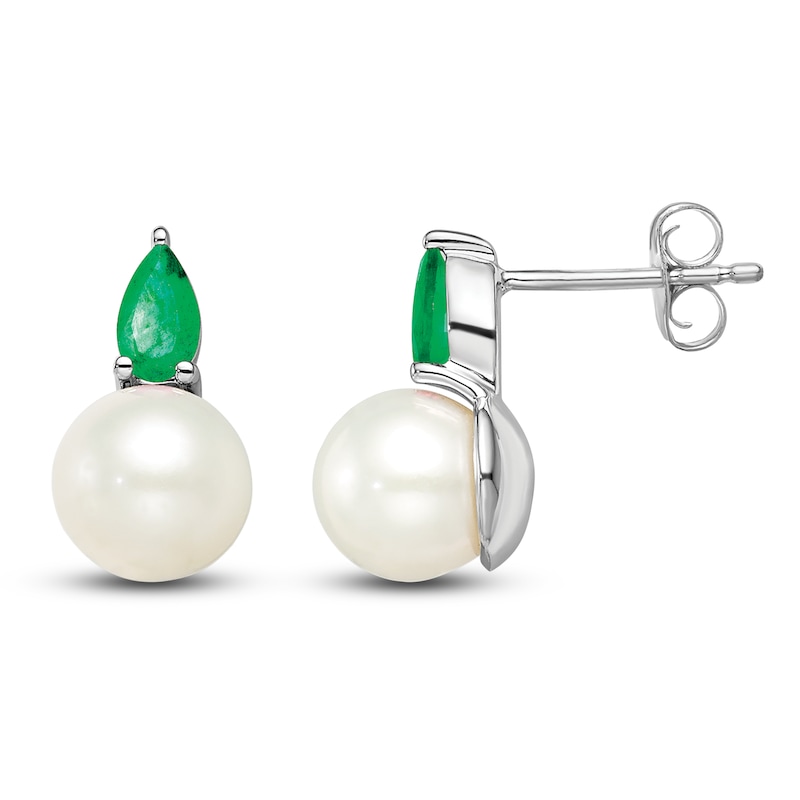 Main Image 1 of Freshwater Cultured Pearl & Natural Emerald Stud Earrings 14K White Gold