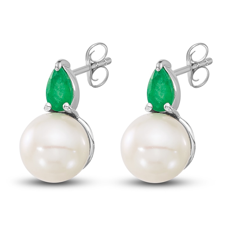 Main Image 2 of Freshwater Cultured Pearl & Natural Emerald Stud Earrings 14K White Gold