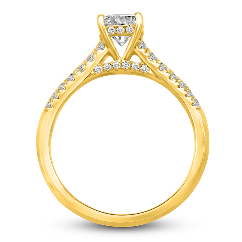 Main Image 2 of Diamond Halo Engagement Ring 1-3/8 ct tw Cushion/Round 14K Yellow Gold