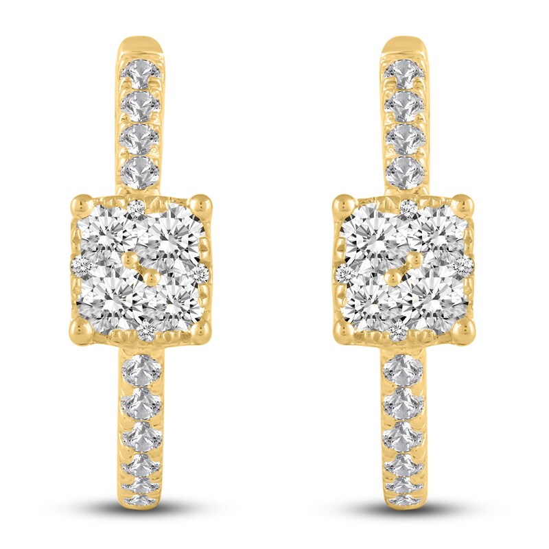 Main Image 1 of Diamond Cushion Hoop Earrings 1/2 ct tw Round 14K Yellow Gold