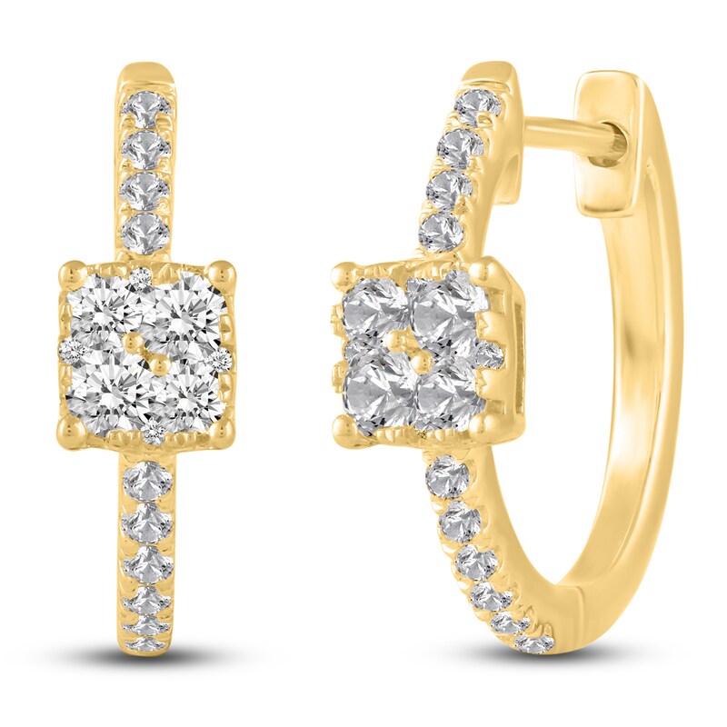 Main Image 2 of Diamond Cushion Hoop Earrings 1/2 ct tw Round 14K Yellow Gold