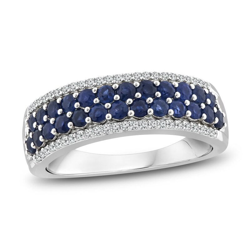 Main Image 1 of Natural Blue Sapphire Ring 1/8 ct tw Diamonds 14K White Gold