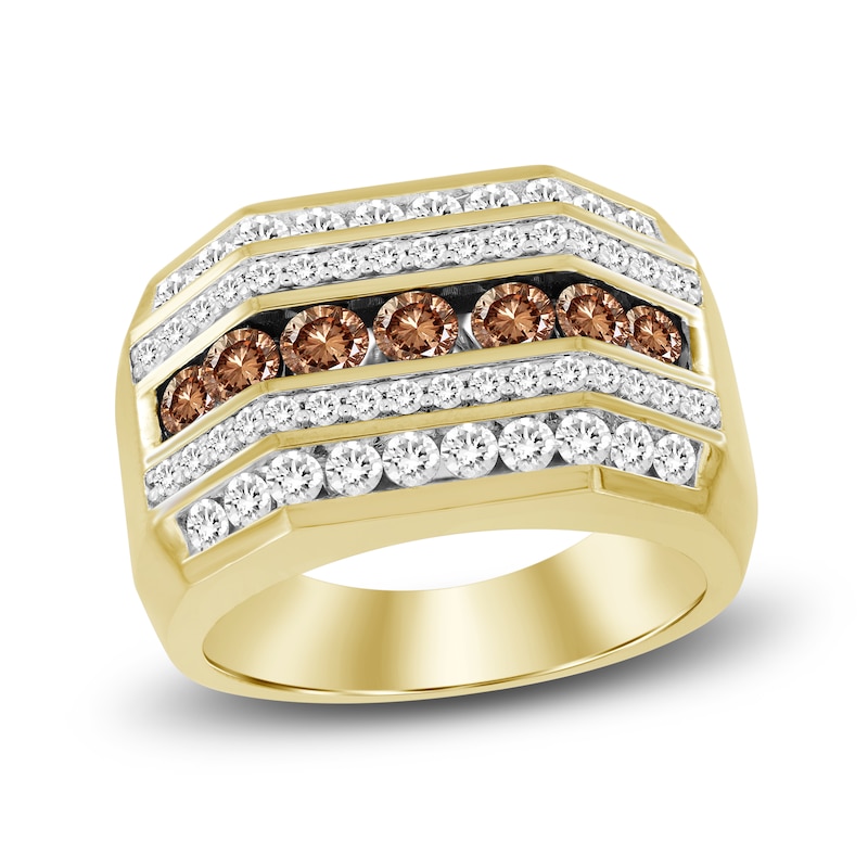 Main Image 1 of The New Fashioned Men's Bourbon-Colored & White Diamond Ring 2 ct tw Round 10K Yellow Gold
