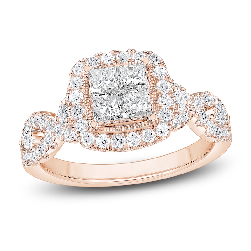 Main Image 1 of Princess & Round-Cut Diamond Quad Engagement Ring 1-1/3 ct tw 14K Rose Gold