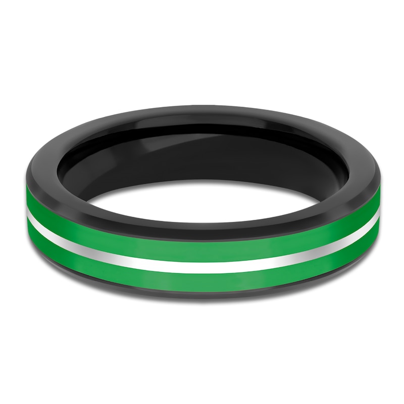 Main Image 3 of Men's Green Ceramic Stripe Wedding Band White & Black Tungsten 5mm