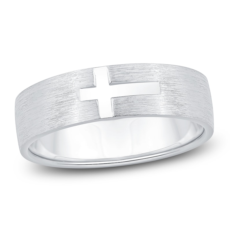 Main Image 1 of Men's Cross Center Brushed Wedding Band 14K White Gold 6mm