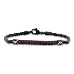 Men's Brown Leather Bracelet Black Ion-Plated Stainless Steel 8.5"