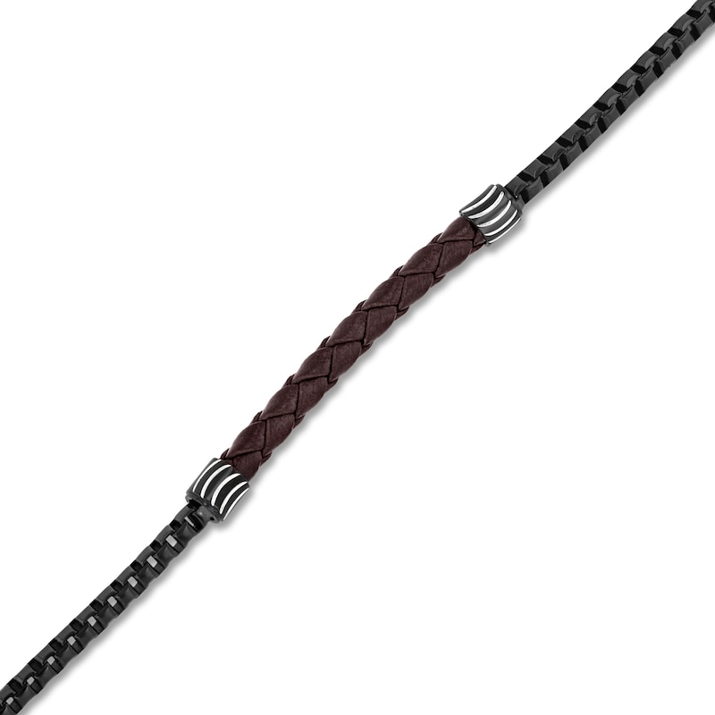 Main Image 2 of Men's Brown Leather Bracelet Black Ion-Plated Stainless Steel 8.5"