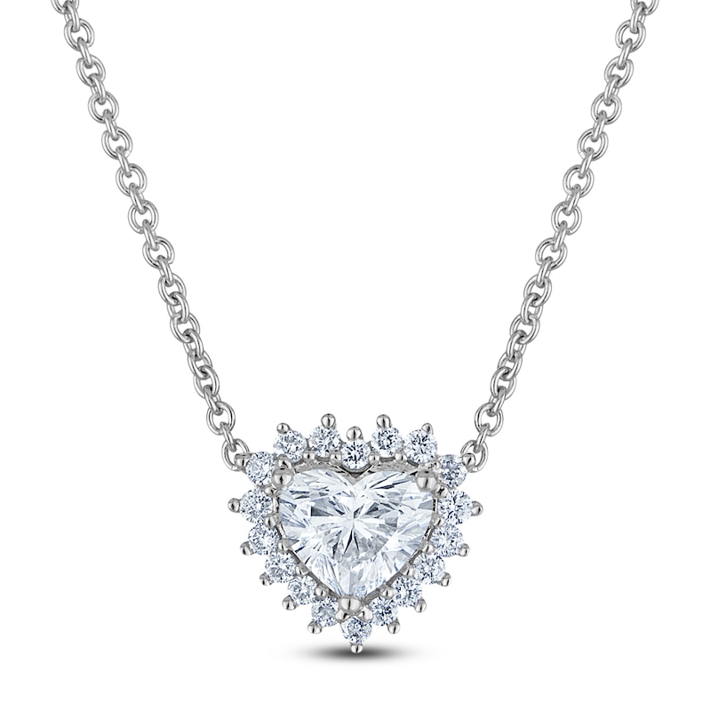 Main Image 1 of Heart-Shaped Lab-Grown Diamond Halo Necklace 5/8 ct tw 14K White Gold 18"