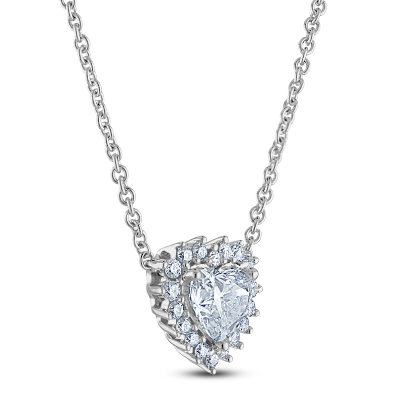 Main Image 2 of Heart-Shaped Lab-Grown Diamond Halo Necklace 5/8 ct tw 14K White Gold 18"